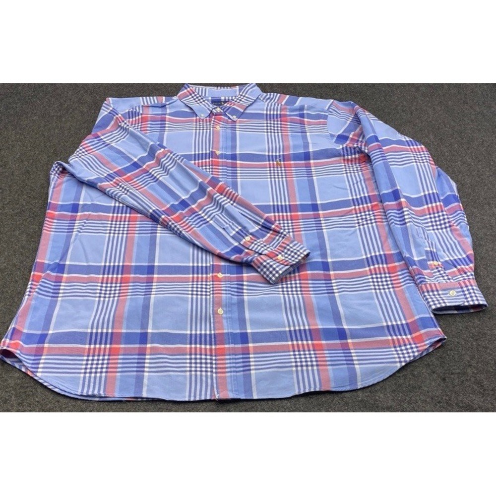 Ralph Lauren Button Down Shirt Men 2XLT Blue Plaid Classic Fit Long Sleeve
